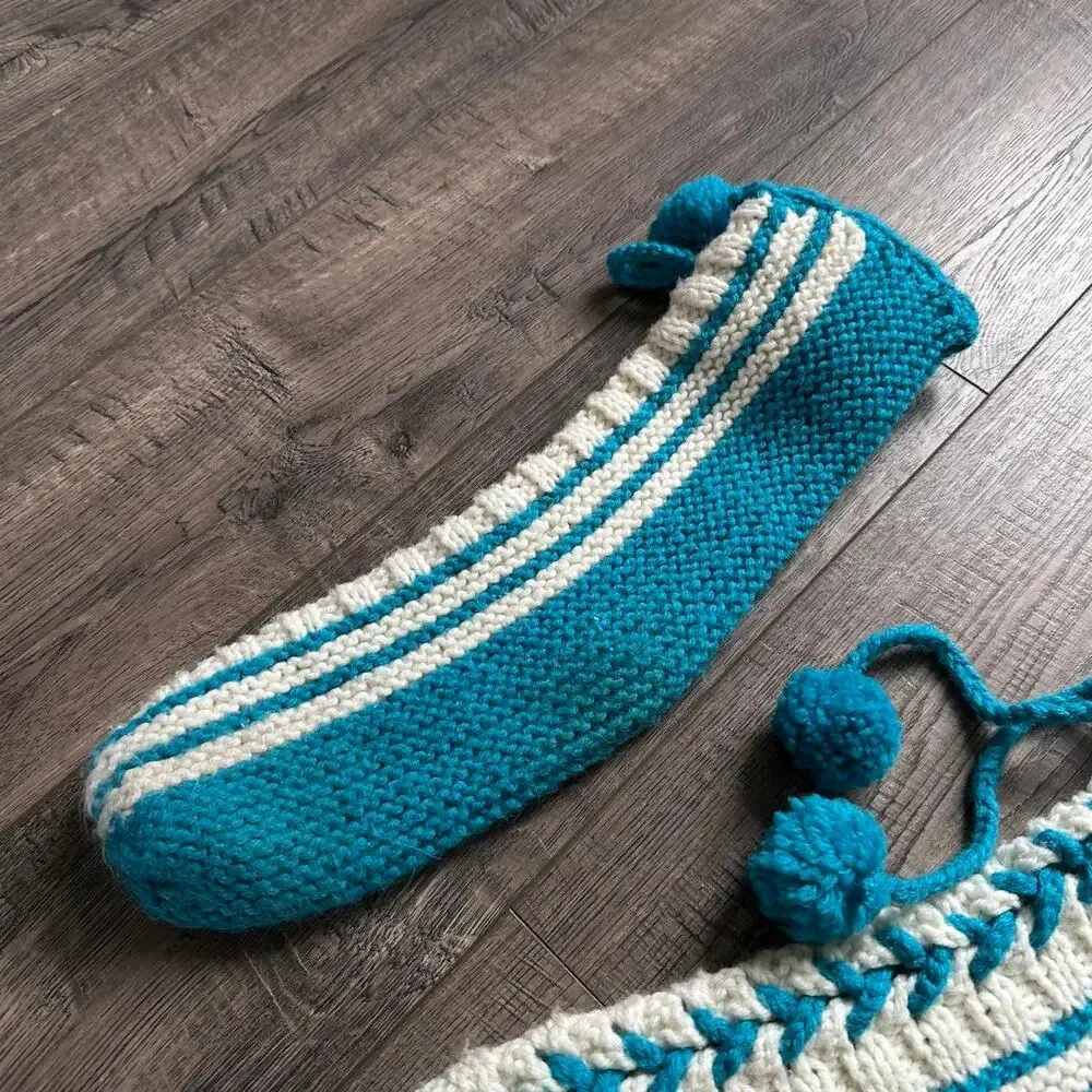Vintage Knit Woven Crochet Striped Pom Pon Lace Up Leg Warmers Socks Booties